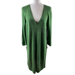 J. Jill Linen Blend V-Neck Longline Tunic Top Side Slits Large Green Lagenlook